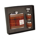 Harris Tweed 6oz Hip Flask Gift Set – Flask, Funnel and Cups - Rust with Orange Overcheck (COL117) - Heritage Of Scotland -