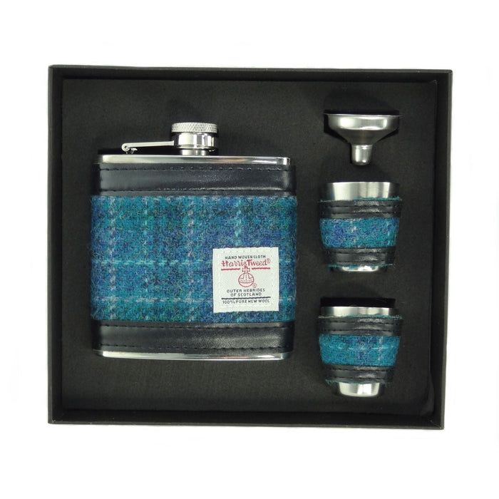 Harris Tweed 6oz Hip Flask Gift Set – Flask, Funnel and Cups - Heritage Of Scotland - Sea Blue Check (COL092)