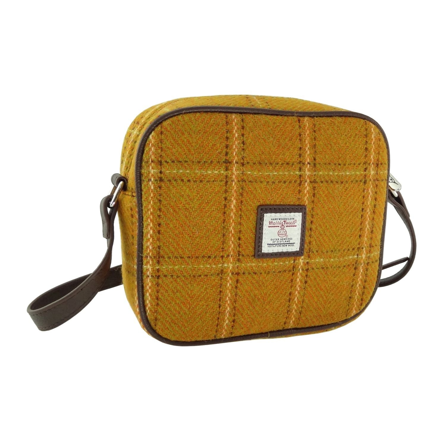 Harris Tweed Almond Mini Bag - Compact Scottish Crossbody Bag - Heritage Of Scotland - Mustard with Overcheck (COL130)