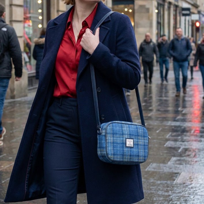 Harris Tweed Almond Mini Bag - Compact Scottish Crossbody Bag - Rust with Orange Overcheck (COL117) - Heritage Of Scotland -