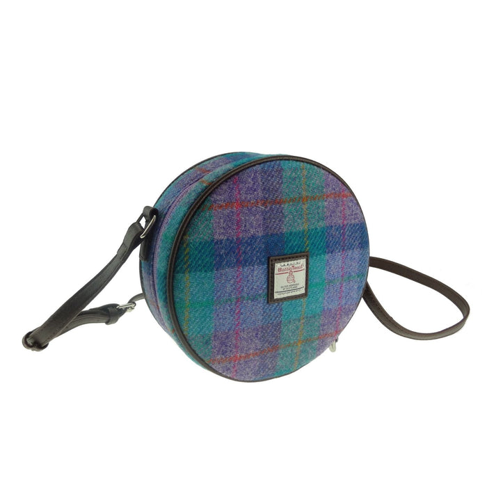 Harris Tweed Bannock Round Bag - Stylish Wool Round Shoulder Bag - Heritage Of Scotland - Green & Purple Tartan (COL079)