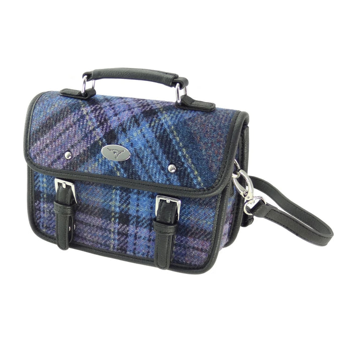 Harris Tweed Bervie Mini Satchel - Compact Tartan Satchel Bag - Heritage Of Scotland - Blue & Purple Tartan (COL143)