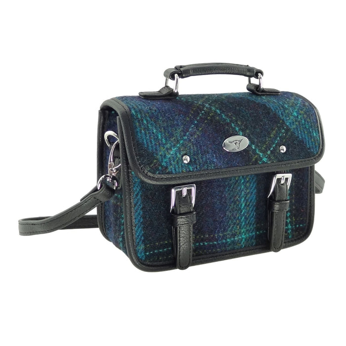 Harris Tweed Bervie Mini Satchel - Compact Tartan Satchel Bag - Heritage Of Scotland - Blue with Turquoise Overcheck (COL119)