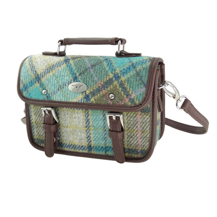 Harris Tweed Bervie Mini Satchel - Compact Tartan Satchel Bag - Heritage Of Scotland - Brown with Turquoise Tartan (COL122)