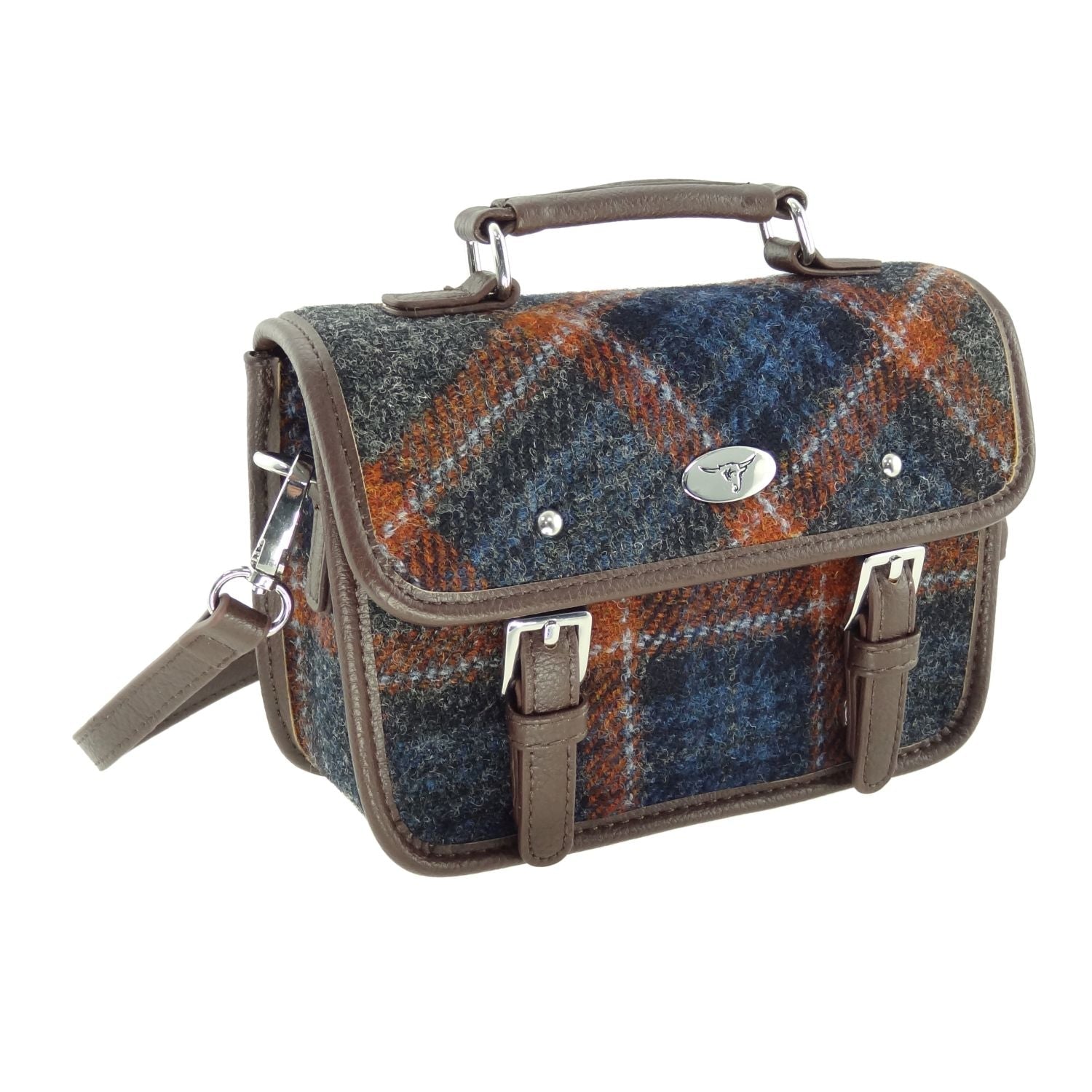 Harris Tweed Bervie Mini Satchel - Compact Tartan Satchel Bag - Heritage Of Scotland - Grey with Rust Overcheck (COL127)
