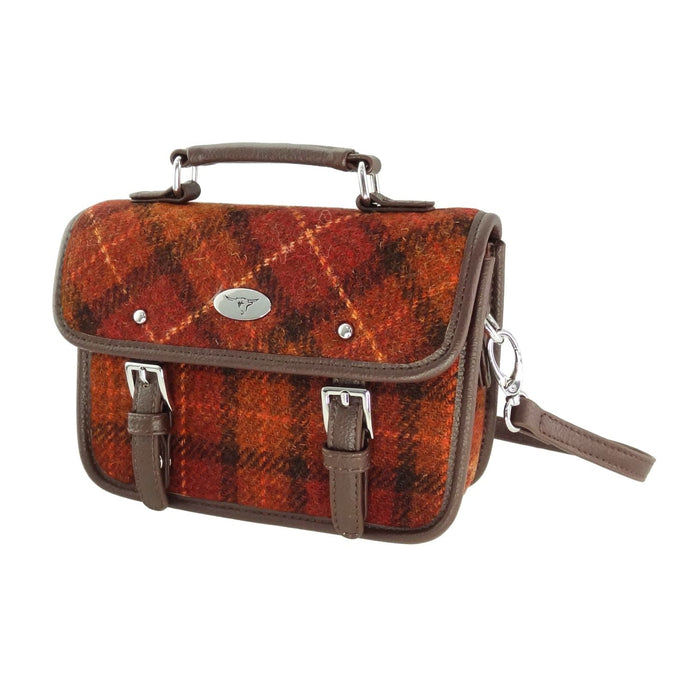 Harris Tweed Bervie Mini Satchel - Compact Tartan Satchel Bag - Heritage Of Scotland - Rust with Orange Overcheck (COL117)