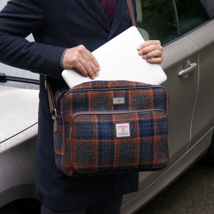 Harris Tweed Bowmont Messenger Bag - Large Laptop Bag - Made in the UK - Heritage Of Scotland - Grey / Black Tartan (COL095)