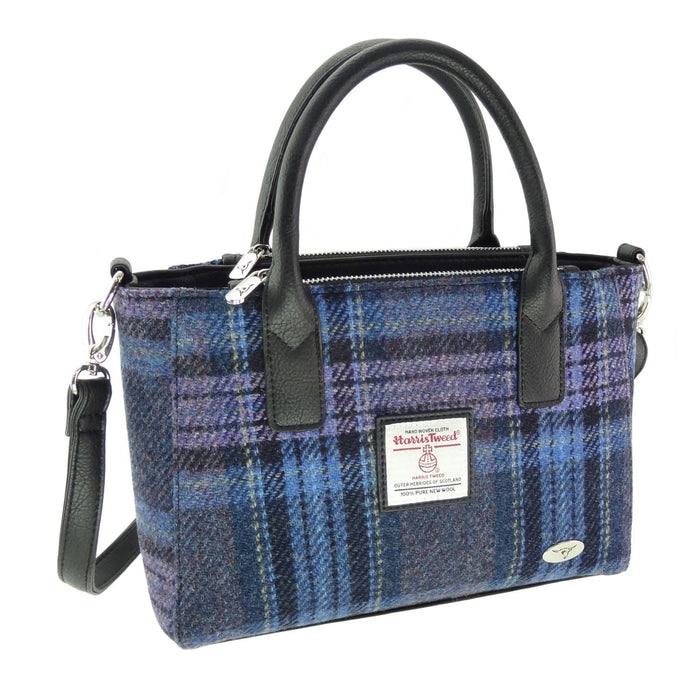 Harris Tweed Brora Small Tote - Compact Wool Tote Bag - Heritage Of Scotland - Blue & Purple Stewart Tartan (COL143)
