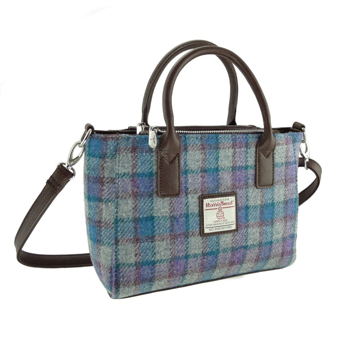 Harris Tweed Brora Small Tote - Compact Wool Tote Bag - Heritage Of Scotland - Blue/Purple Check on Grey (COL098)