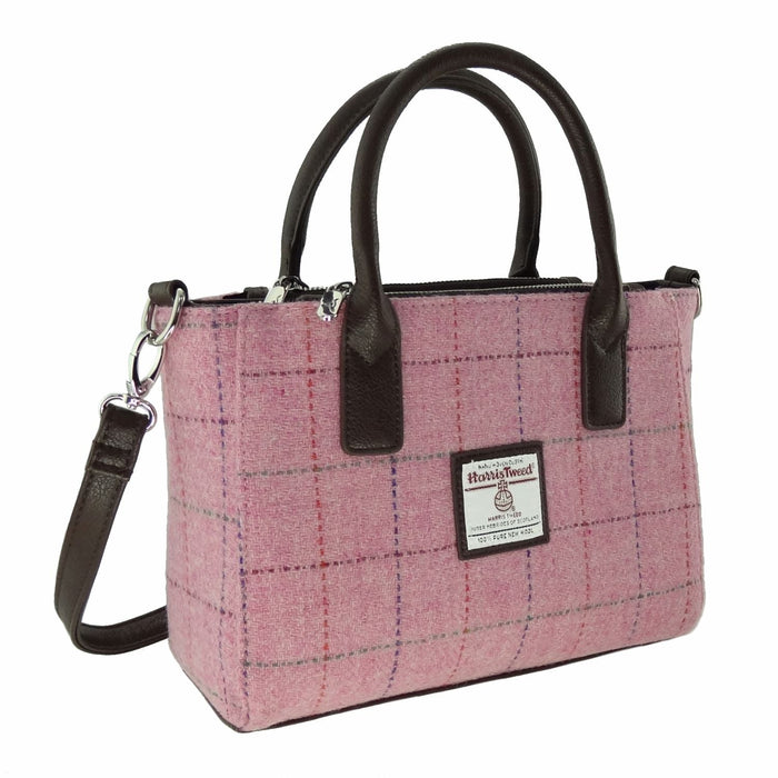 Harris Tweed Brora Small Tote - Compact Wool Tote Bag - Heritage Of Scotland - Bright Pink with Overcheck (COL068)
