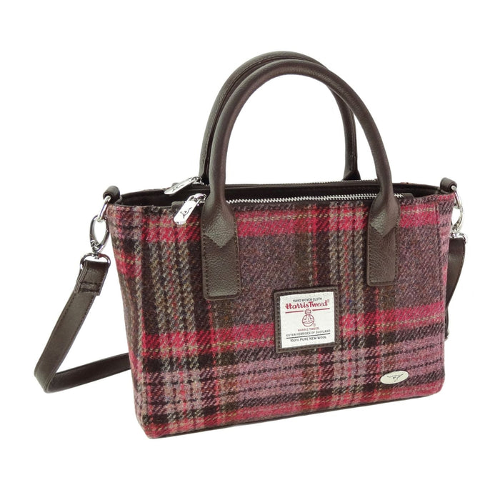 Harris Tweed Brora Small Tote - Compact Wool Tote Bag - Heritage Of Scotland - Burgundy & Pink Stewart Tartan (COL144)