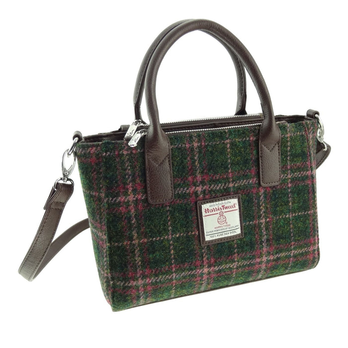 Harris Tweed Brora Small Tote - Compact Wool Tote Bag - Heritage Of Scotland - Dark Green and Plum Check (COL107)