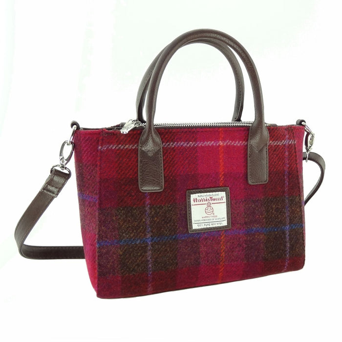 Harris Tweed Brora Small Tote - Compact Wool Tote Bag - Heritage Of Scotland - Deep Pink Tartan (COL052)