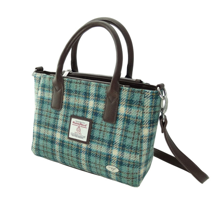 Harris Tweed Brora Small Tote - Compact Wool Tote Bag - Heritage Of Scotland - Duck Egg and Cream Check (COL121)