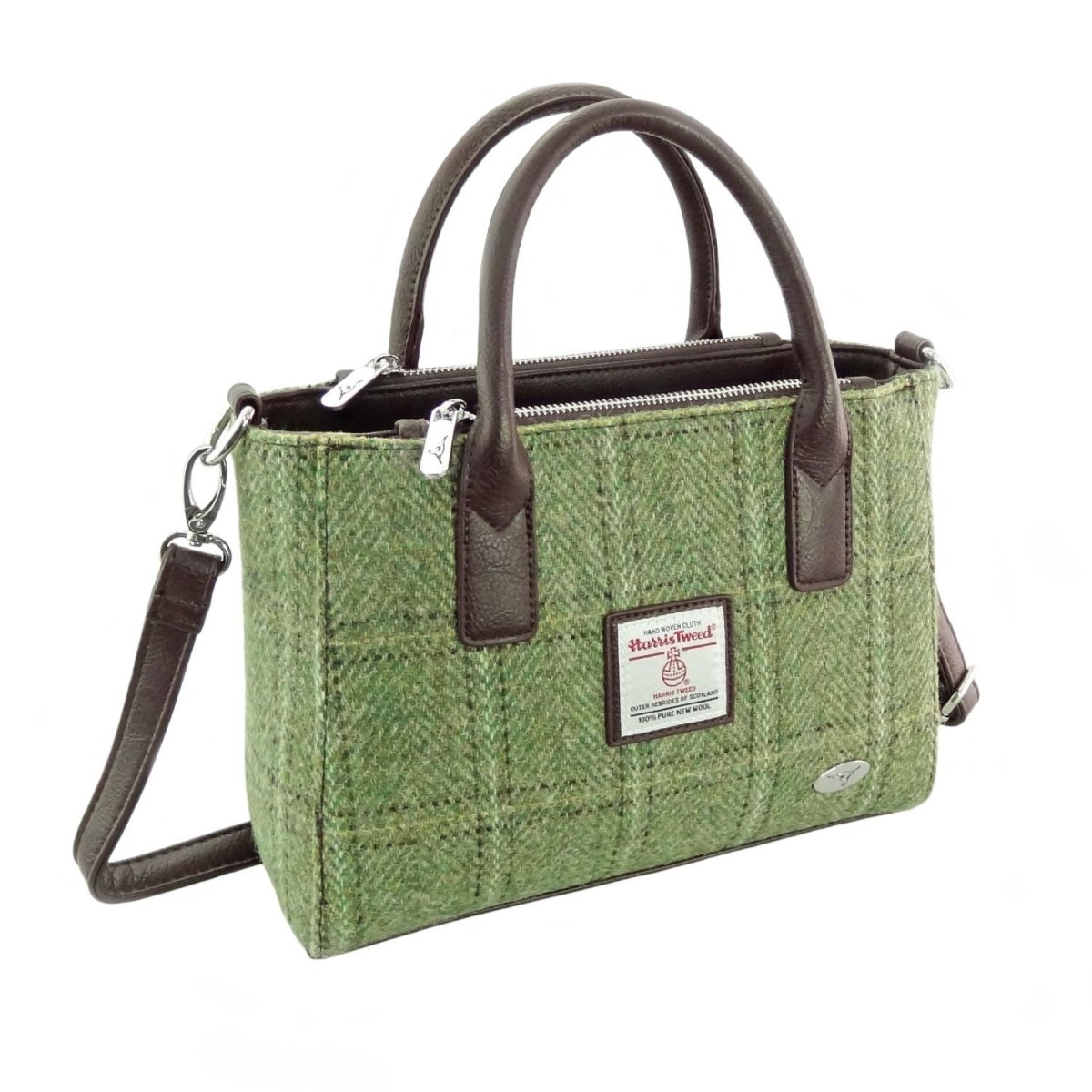 Harris Tweed Brora Small Tote - Compact Wool Tote Bag - Green Herringbone with Overcheck (COL153) - Heritage Of Scotland -