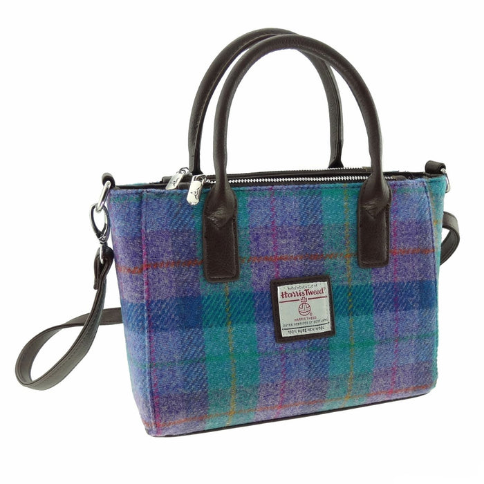 Harris Tweed Brora Small Tote - Compact Wool Tote Bag - Heritage Of Scotland - Green & Purple Tartan (COL079)