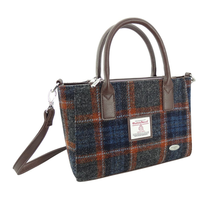 Harris Tweed Brora Small Tote - Compact Wool Tote Bag - Heritage Of Scotland - Grey with Rust Overcheck (COL127)
