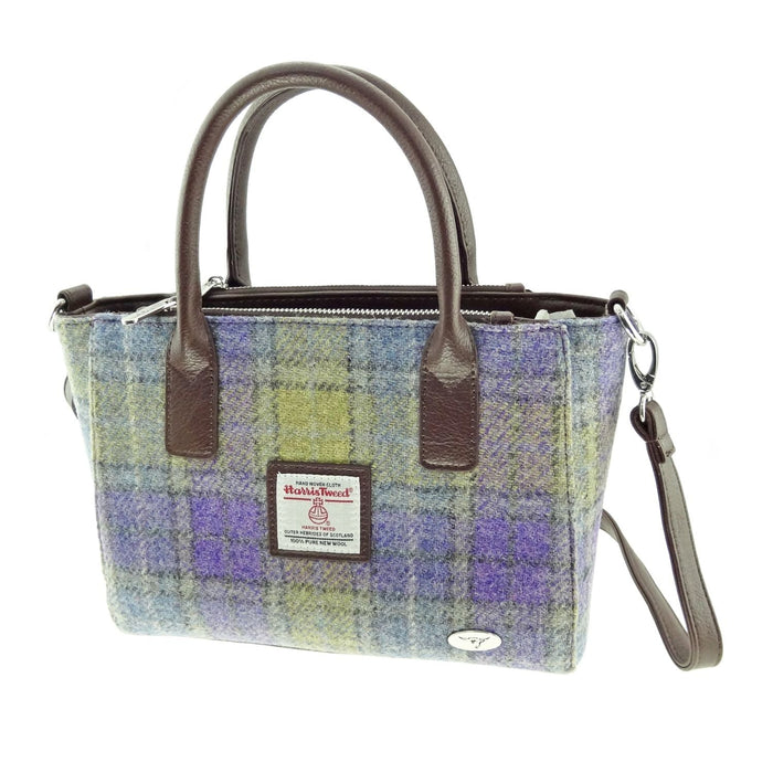 Harris Tweed Brora Small Tote - Compact Wool Tote Bag - Heritage Of Scotland - Muted Lilac / Lime Green Tartan (COL112)