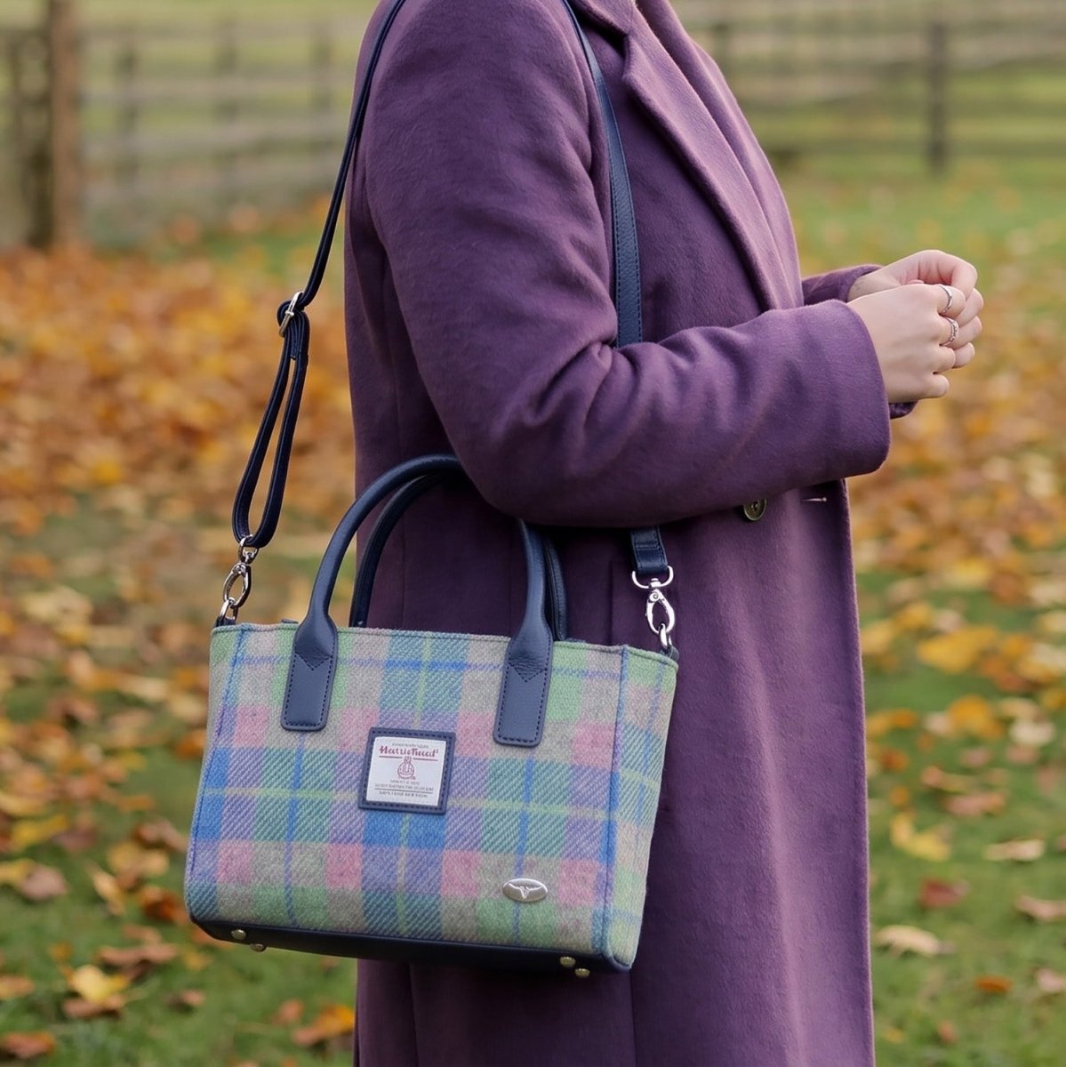 Harris Tweed Brora Small Tote - Compact Wool Tote Bag - Orange/Purple Tartan (COL142) - Heritage Of Scotland -