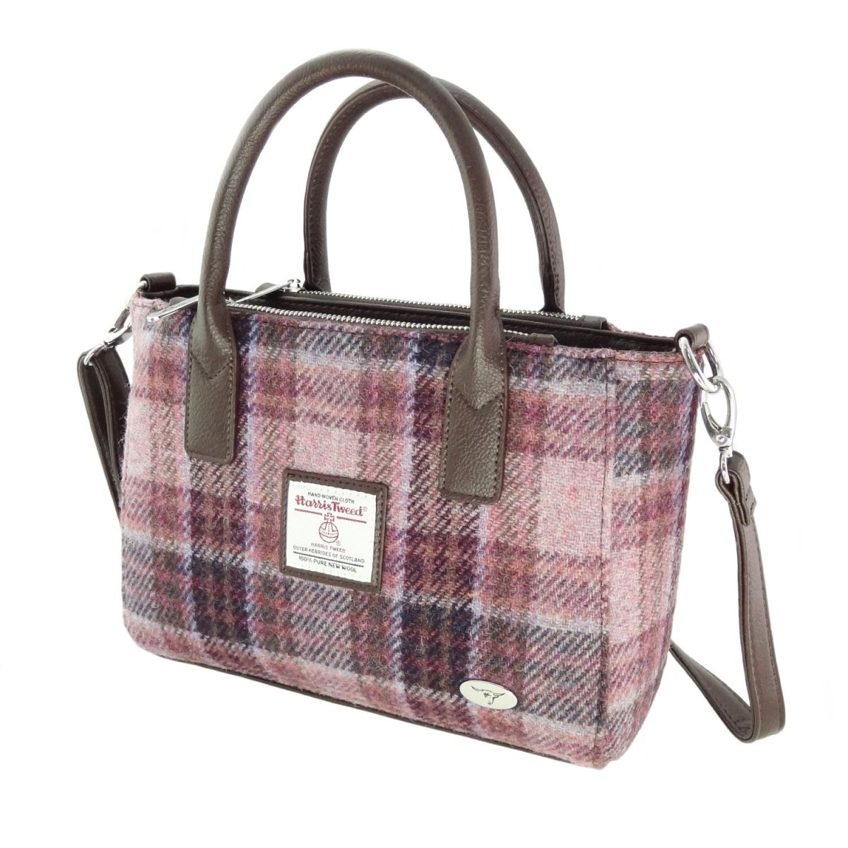 Harris Tweed Brora Small Tote - Compact Wool Tote Bag - Pink/Burgundy Check (COL154) - Heritage Of Scotland -