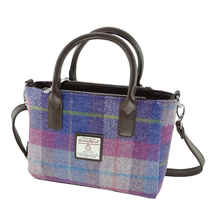 Harris Tweed Brora Small Tote - Compact Wool Tote Bag - Heritage Of Scotland - Purple/Pink Tartan (COL047)
