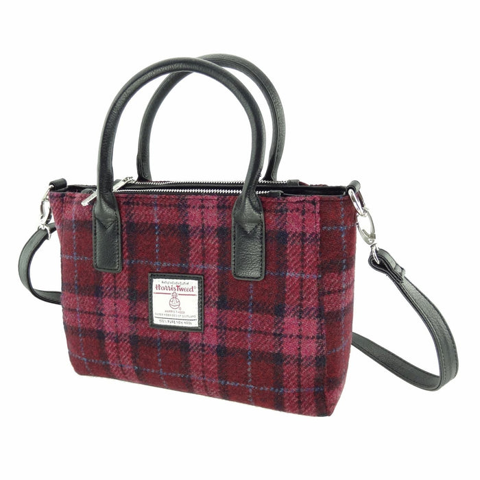 Harris Tweed Brora Small Tote - Compact Wool Tote Bag - Heritage Of Scotland - Raspberry Check (COL090)