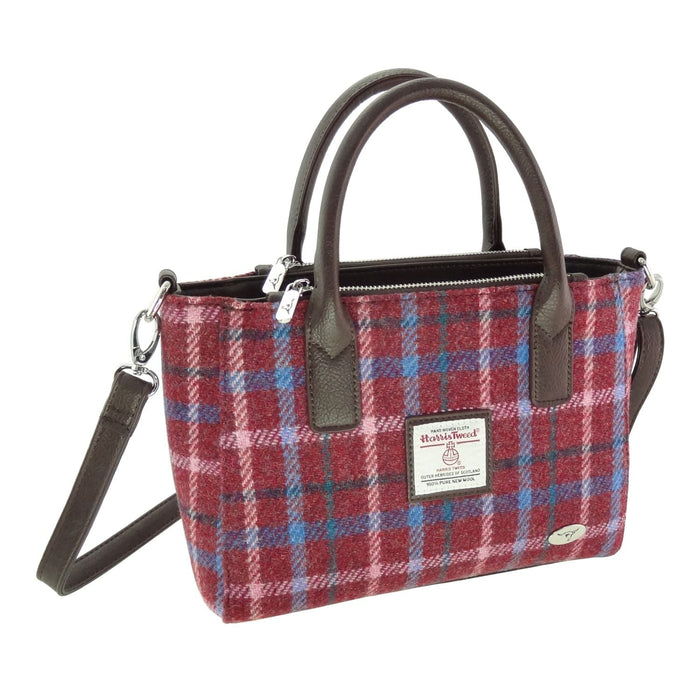 Harris Tweed Brora Small Tote - Compact Wool Tote Bag - Heritage Of Scotland - Rust Red with Green, White & Blue Overcheck (COL151)