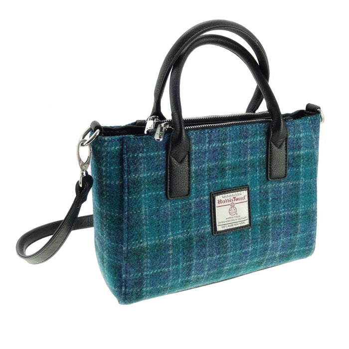 Harris Tweed Brora Small Tote - Compact Wool Tote Bag - Heritage Of Scotland - Sea Blue Check (COL092)