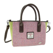 Harris Tweed Brora Small Tote - Compact Wool Tote Bag - Heritage Of Scotland - Soft Pink with Plain Lime Green contrast (COL111)