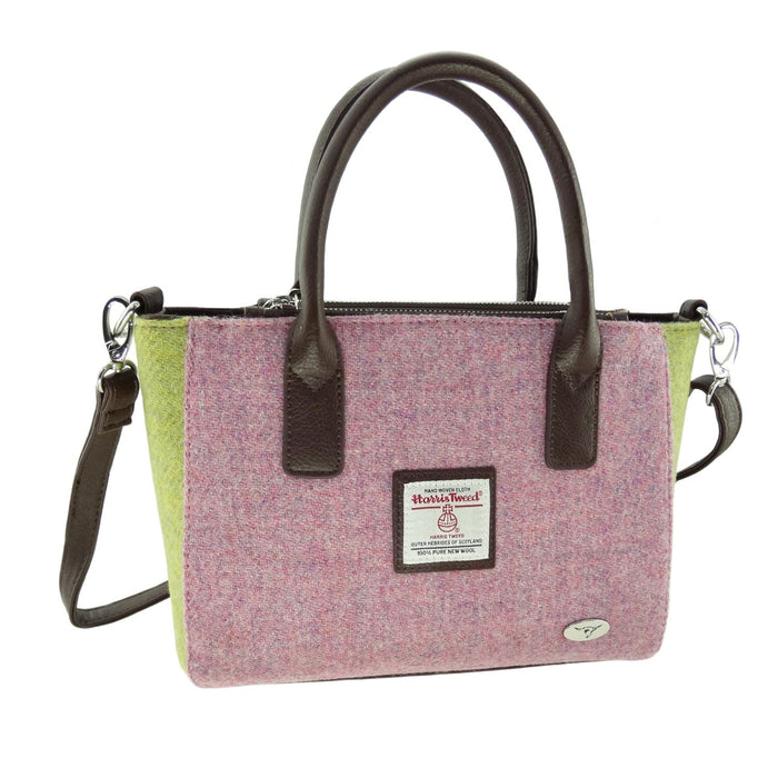 Harris Tweed Brora Small Tote - Compact Wool Tote Bag - Heritage Of Scotland - Soft Pink with Plain Lime Green contrast (COL111)