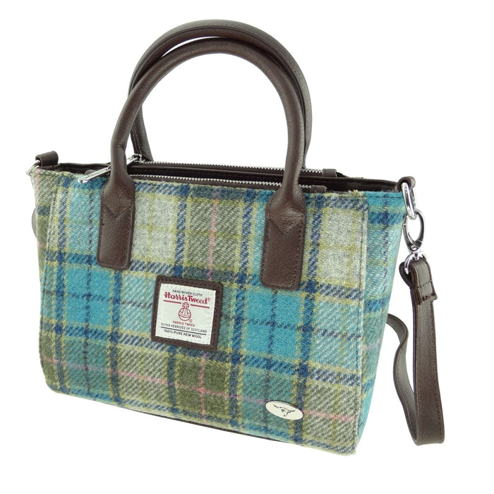 Harris Tweed Brora Small Tote - Compact Wool Tote Bag - Heritage Of Scotland - Turquoise Tartan (COL122)