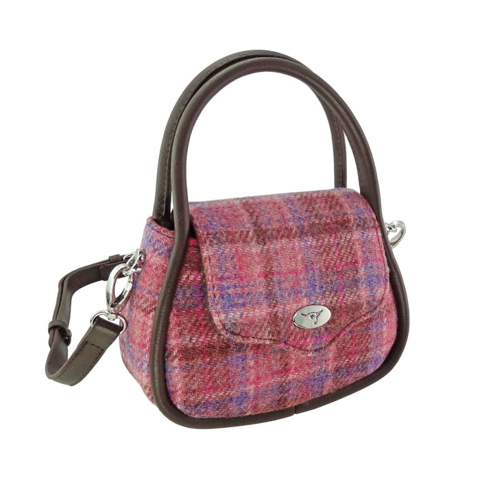 Harris Tweed Buchan Round Mini Handbag - Small Wool Handbag Made in UK - Heritage Of Scotland - Pink Check (COL103)