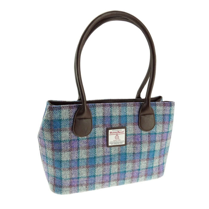 Harris Tweed Cassley Classic Handbag - Elegant Tartan Shoulder Bag - Heritage Of Scotland - Blue and Purple Check on Grey (COL098)