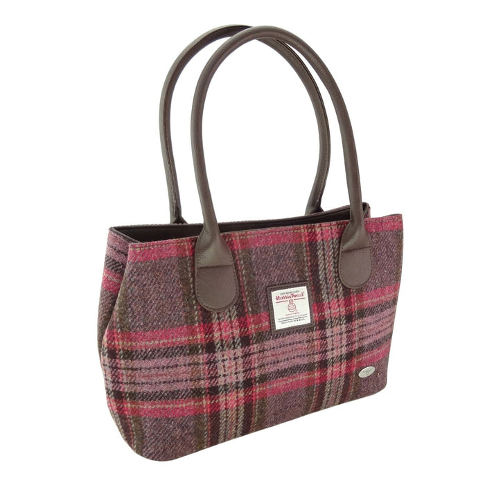 Harris Tweed Cassley Classic Handbag - Elegant Tartan Shoulder Bag - Heritage Of Scotland - Burgundy & Pink Stewart Tartan (COL144)