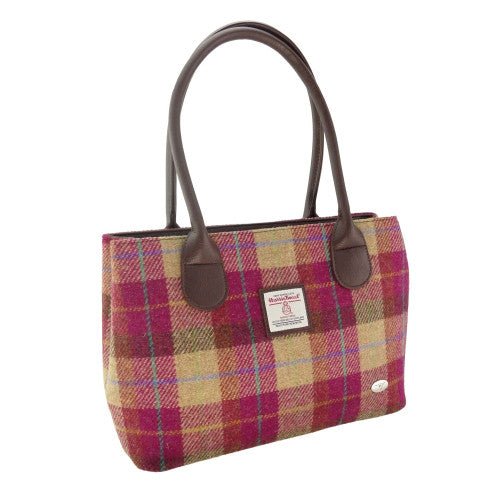 Harris Tweed Cassley Classic Handbag - Elegant Tartan Shoulder Bag - Burgundy & Sand Tartan (COL159) - Heritage Of Scotland -