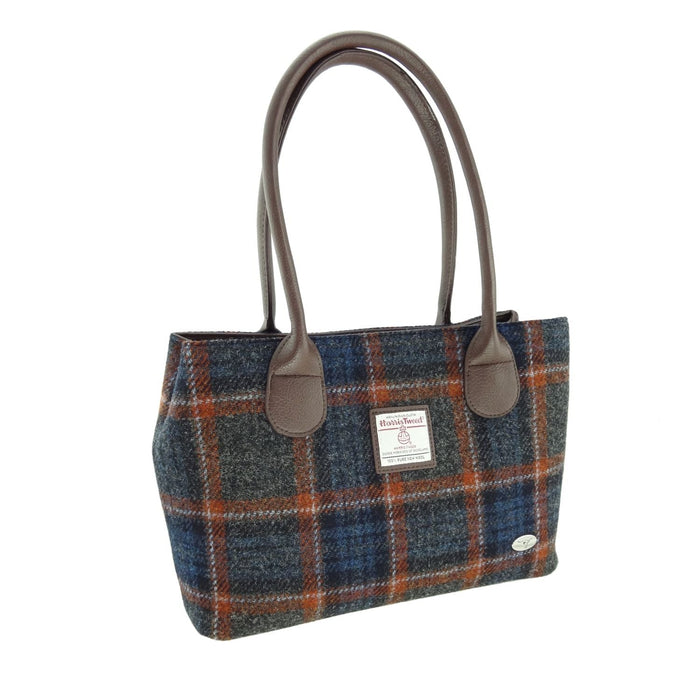Harris Tweed Cassley Classic Handbag - Elegant Tartan Shoulder Bag - Heritage Of Scotland - Grey with Rust Overcheck (COL127)