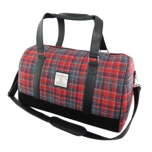 Harris Tweed Clyde Weekend Bag – Spacious Wool Travel Holdall - Red & Grey Tartan (COL158) - Heritage Of Scotland -