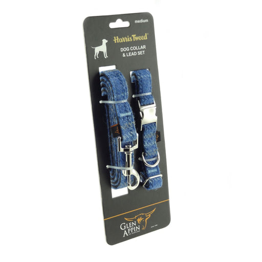 Harris Tweed Dog Collar And Lead Set Light Blue Check - Heritage Of Scotland - Light Blue Check