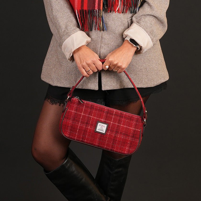 Harris Tweed Duchray Baguette Bag - Classic Tartan Shoulder Bag - Deep Orange Check (COL108) - Heritage Of Scotland -