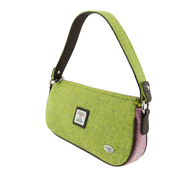 Harris Tweed Duchray Baguette Bag - Classic Tartan Shoulder Bag - Heritage Of Scotland - Plain Green with Pink contrast (COL110)
