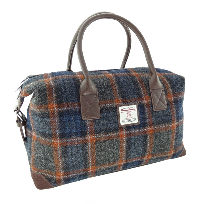 Harris Tweed Esk Overnight Bag - Large Travel Bag Made in UK - Heritage Of Scotland - Grey with Rust Overcheck (COL127)