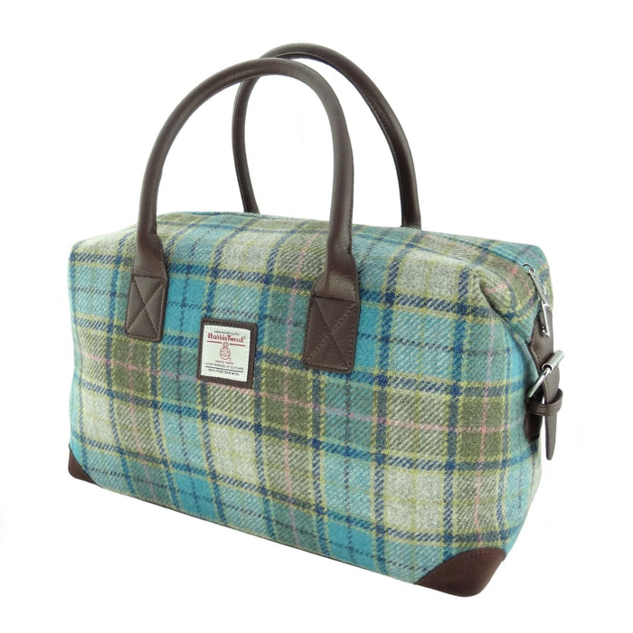 Harris Tweed Esk Overnight Bag - Large Travel Bag Made in UK - Heritage Of Scotland - Turquoise Tartan (COL122)