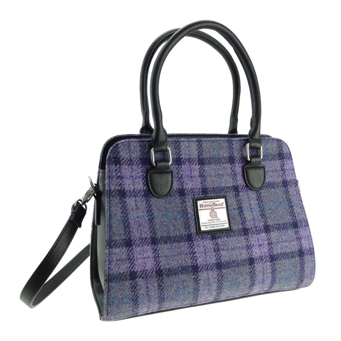 Harris Tweed Findhorn Curved Bottom Handbag - Midi Tote with Adjustable Strap - Heritage Of Scotland - Bold Purple Check (COL089)