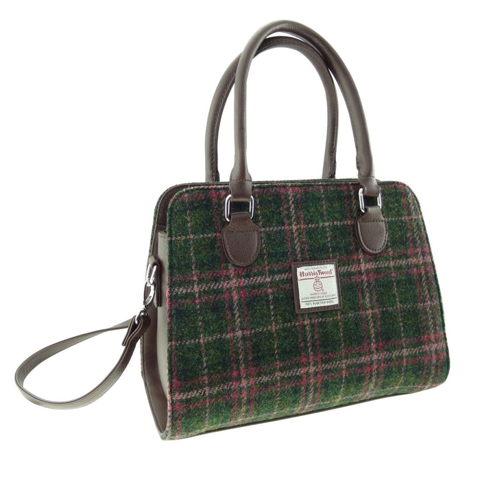 Harris Tweed Findhorn Curved Bottom Handbag - Midi Tote with Adjustable Strap - Heritage Of Scotland - Dark Green and Plum Check (COL107)