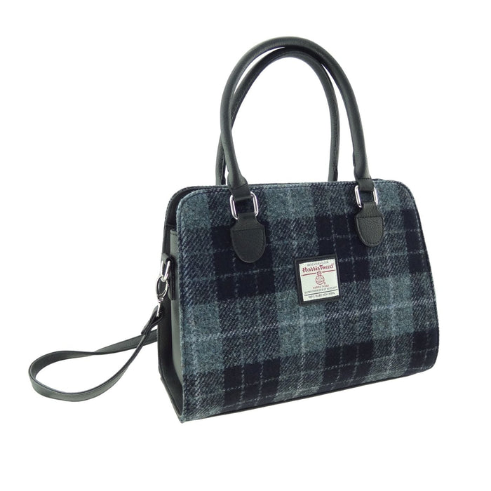 Harris Tweed Findhorn Curved Bottom Handbag - Midi Tote with Adjustable Strap - Heritage Of Scotland - Grey with Black Tartan (COL095)