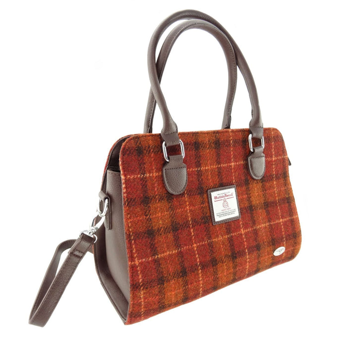 Harris Tweed Findhorn Curved Bottom Handbag - Midi Tote with Adjustable Strap - Heritage Of Scotland - Rust with Orange Overcheck (COL117)