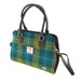 Harris Tweed Findhorn Curved Bottom Handbag - Midi Tote with Adjustable Strap - Heritage Of Scotland - Sea Blue with Green Tartan (COL114)