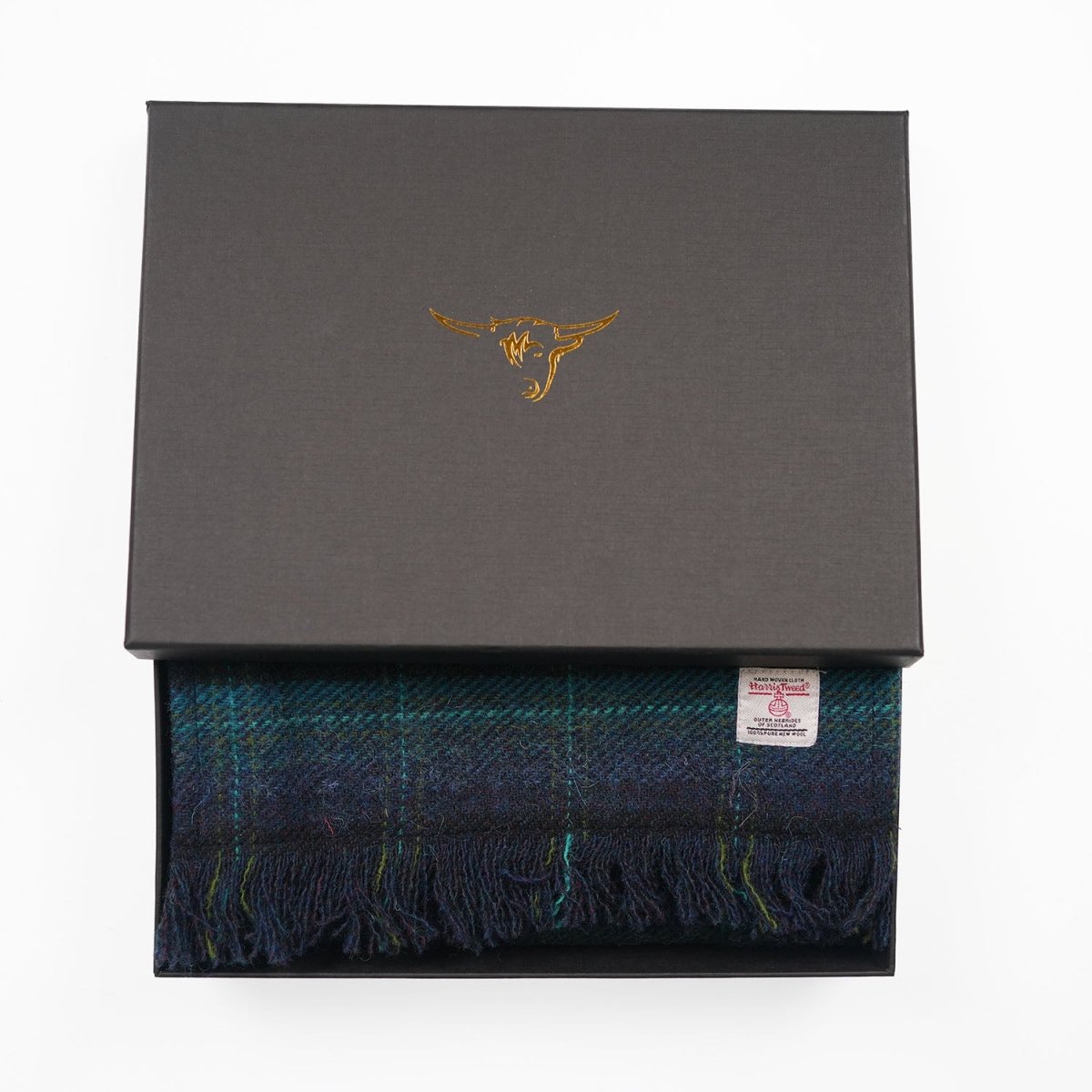 Harris Tweed Fringed Scarf with Fleece Back - Blue with Turquoise Overcheck - Heritage Of Scotland -