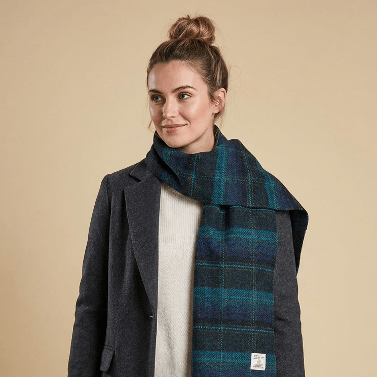 Harris Tweed Fringed Scarf with Fleece Back - Blue with Turquoise Overcheck - Heritage Of Scotland -