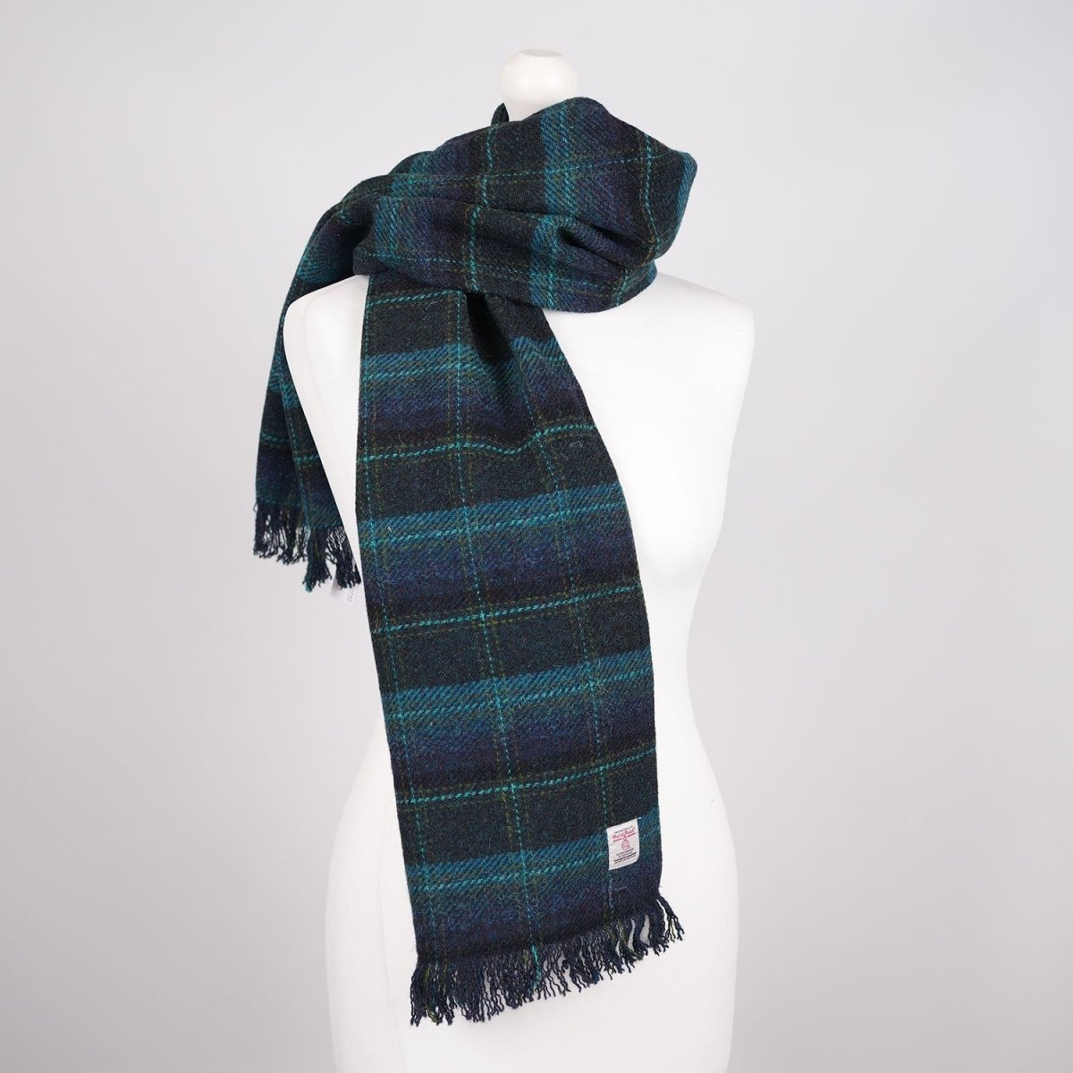 Harris Tweed Fringed Scarf with Fleece Back - Blue with Turquoise Overcheck - Heritage Of Scotland -
